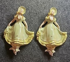 Vintage Pair of Girls 7  Wall Hangers Green and Gold Dresses Hand Painted