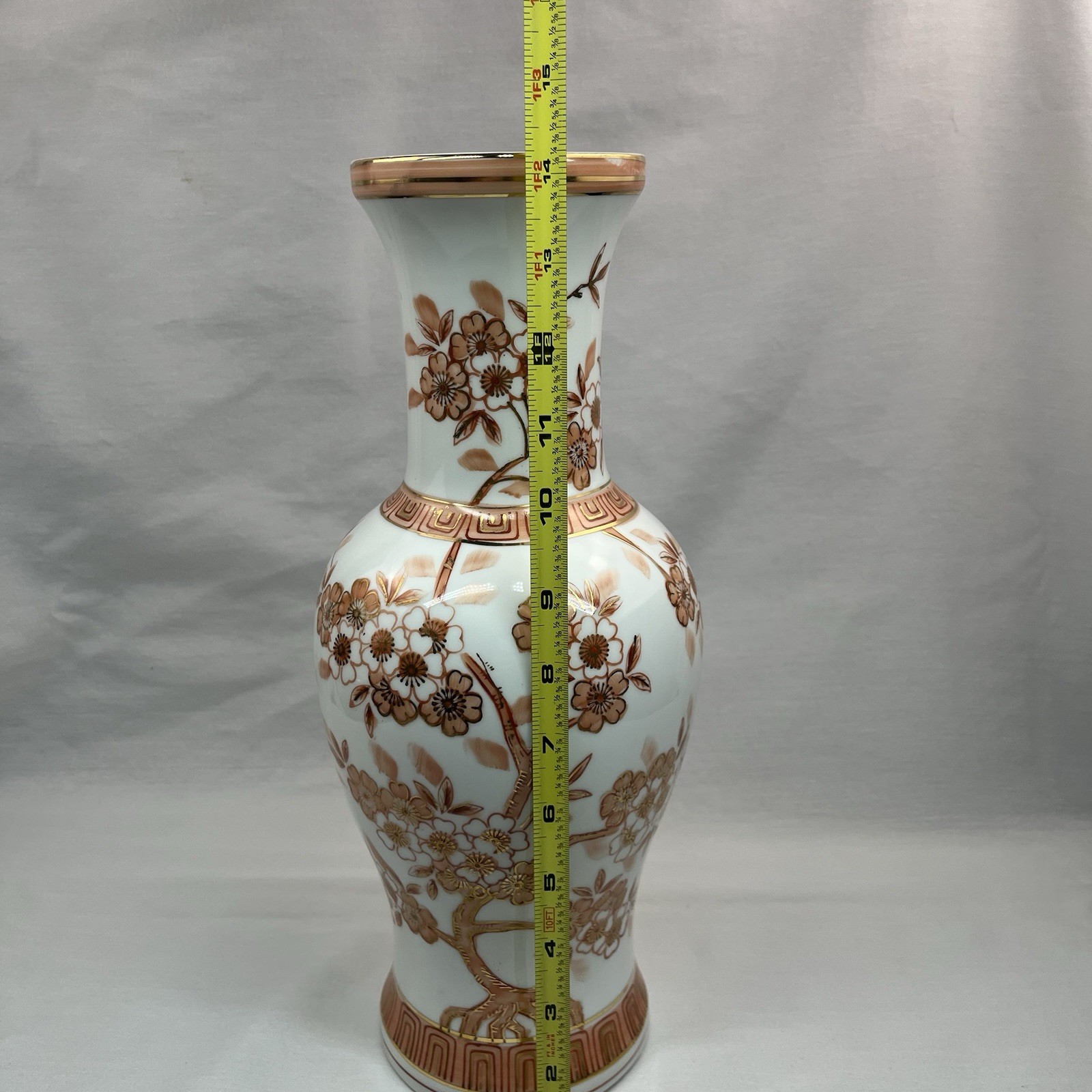 Norleans Japan Orange / Pink Flowers Vase Ming Tree 14” Gold Trim Vintage