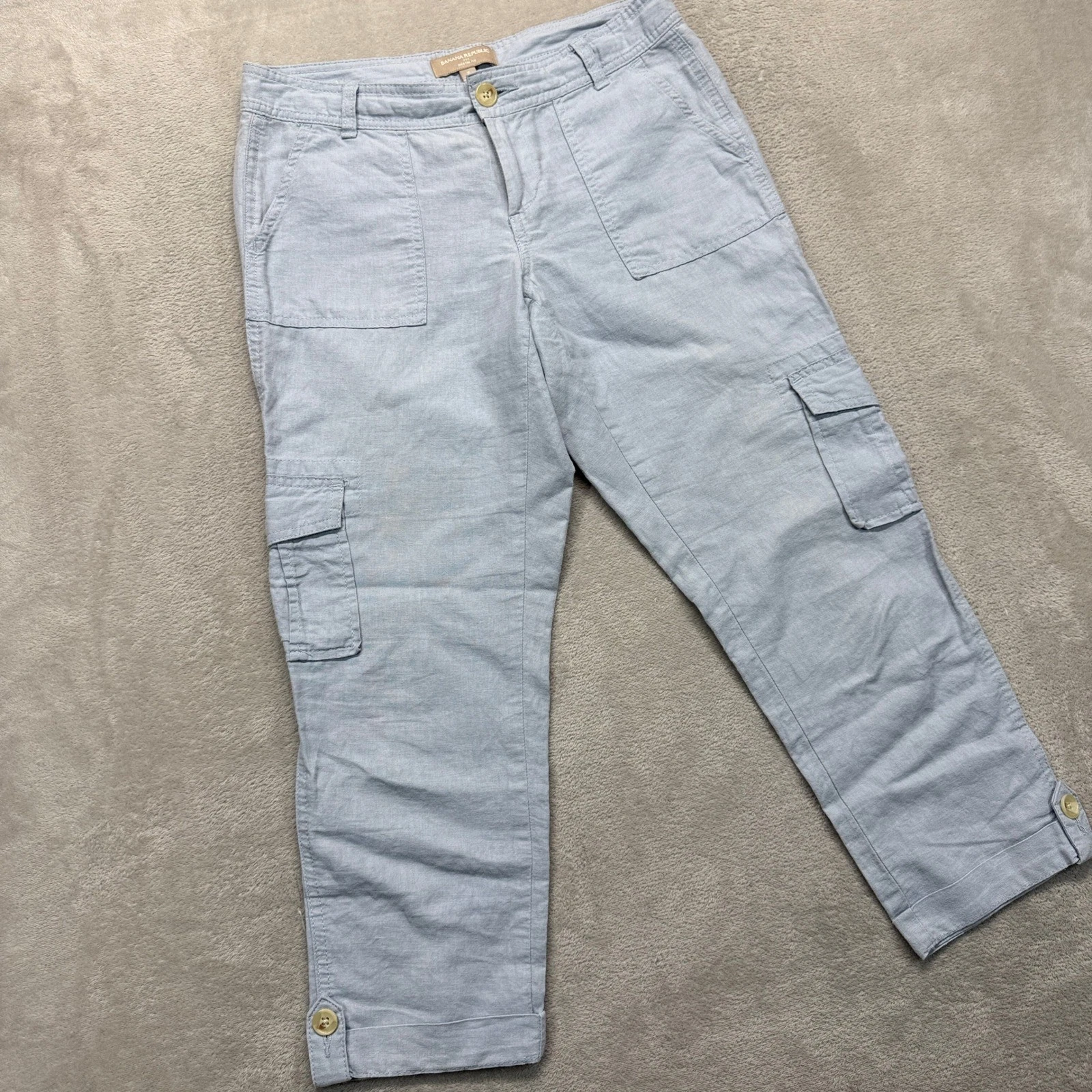 Banana Republic Pants Women's 2 Martin Fit Linen Cargo Crop Light Blue Trousers