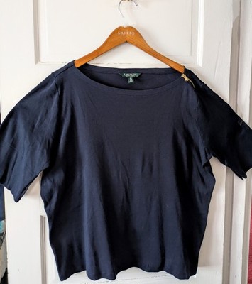 Lauren Ralph Lauren Sz 2X Navy Blue Smooth Knit Top Shoulder Zip Cotton