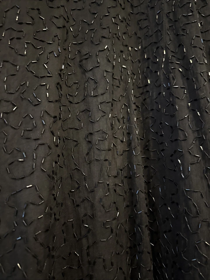 Maxi Vestido Grande Vintage Años 80 Seda Cuentas Laurence Kazar Negro Plata Perlas Foto 3 de 4