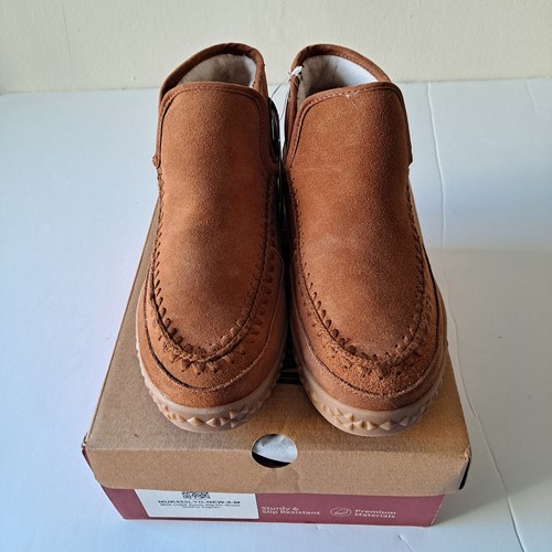 NWB Muk Luks Suede Wool Blend Faux Fur Slip On Shoes Queens Cognac Womens Size 8 - Picture 9 of 16