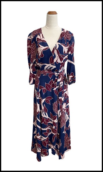 LEONA EDMISTON Wrap Style 3/4 Sleeve Floral Hi-Lo A-Line Belted Midi Dress Sz 8