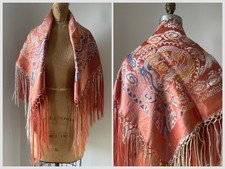 Antique Early 1900  s Chinese Apricot Rayon Or Silk Jacquard Shawl Fringe Dragon