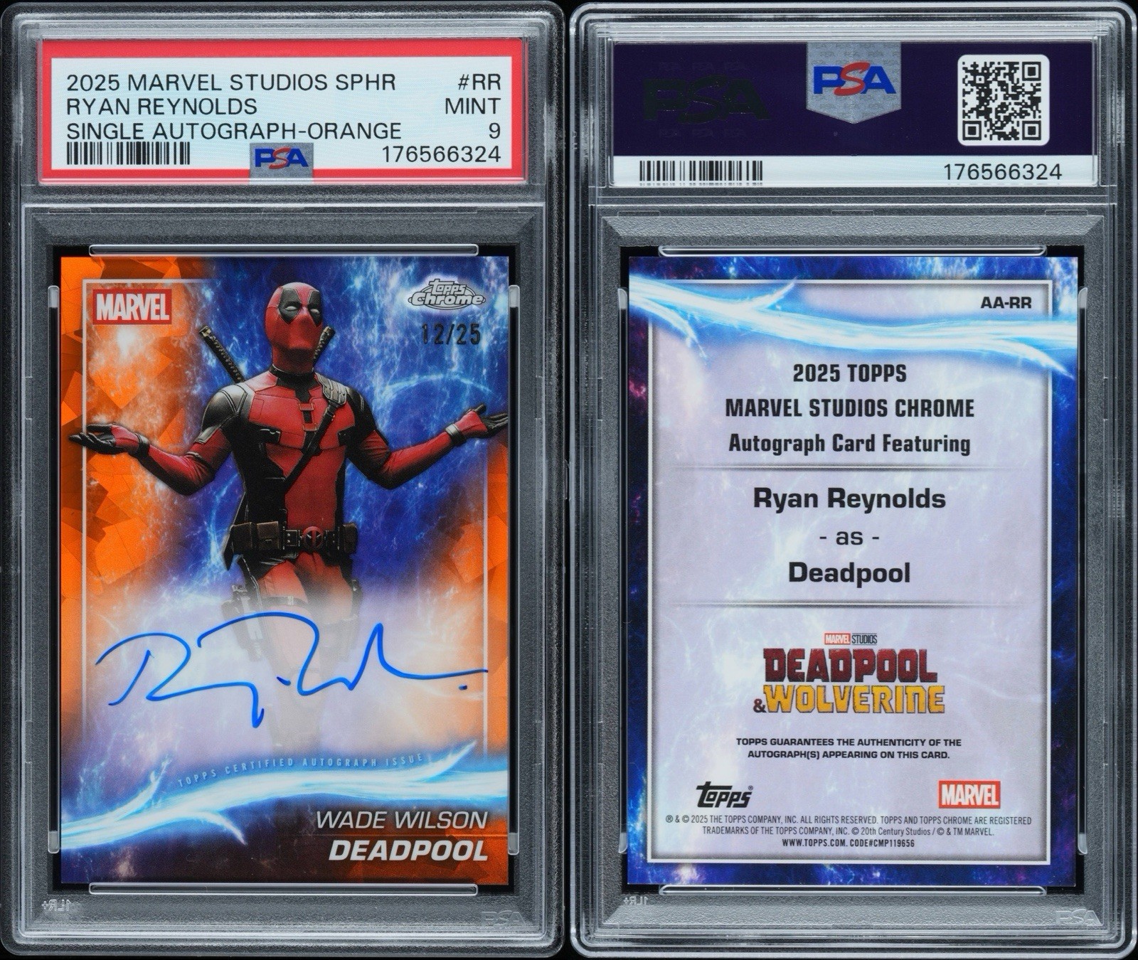 Topps 2025 Marvel Studios Chrome Ryan Reynolds Auto Orange /25 PSA 9 view 3
