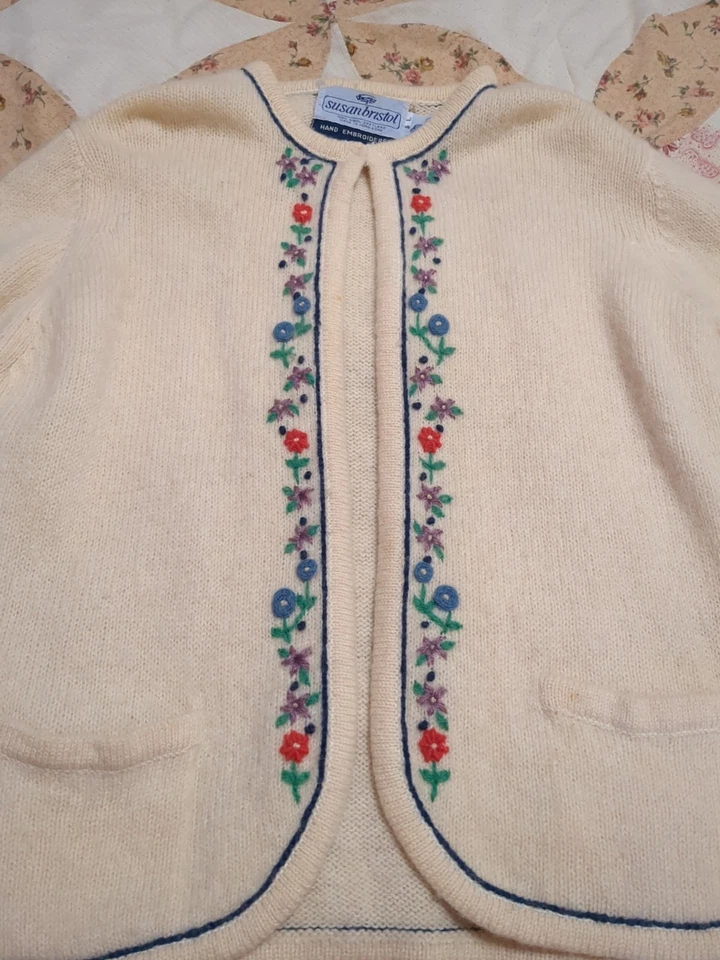 Cárdigan vintage Susan Bristol talla grande bordado a mano 100 % lana Foto 2 de 4
