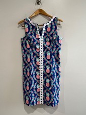 Crown & Ivy Shift Dress Womens 10 Blue Pineapple Print V-Neck Resortwear