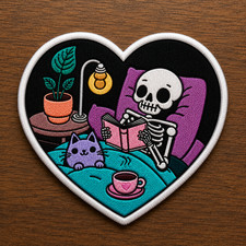 Embroidered Cozy Skeleton Reading Patch Book Lover Goth Iron On