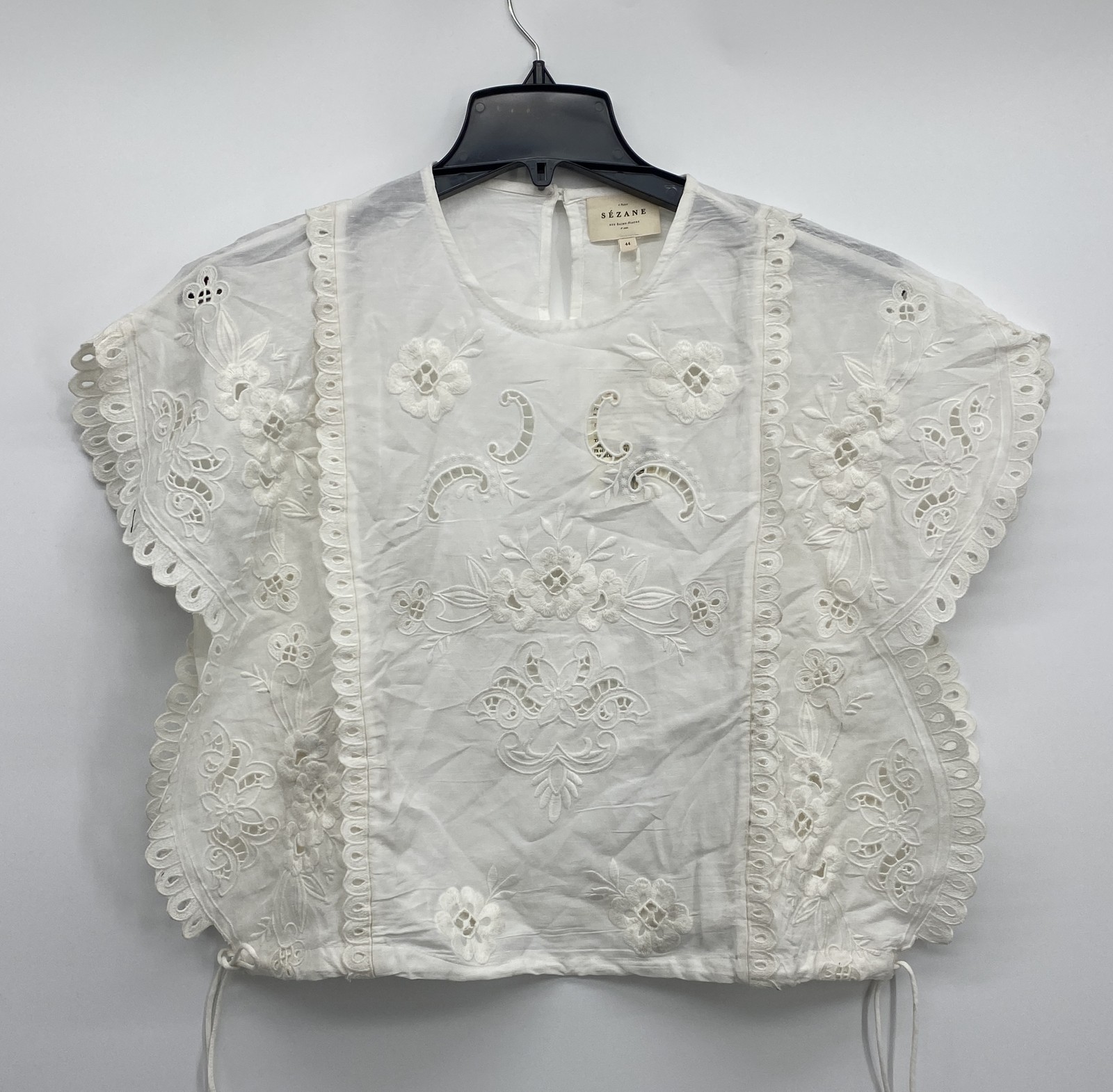 Sezane Womens Blouse White Size 12 Tamy Embroidered Ecru Short Sleeved Scalloped