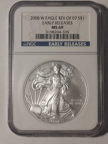 2008 W Burnished Silver American Eagle  Rev Of 07 NGC GRADED MS69 ER Label