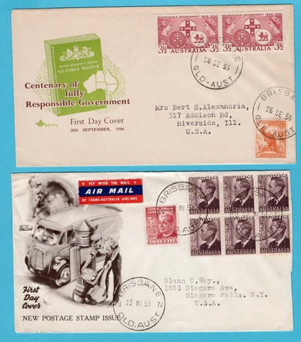 AUSTRALIA 2 FDC's 1951 - 56 Brisbane to USA