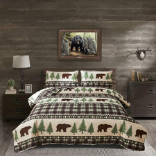 Quilt Set Queen Size Rustic Lodge Plaid Quilt Bed Spread Country Cabin Brown Bea