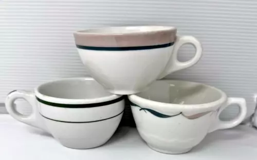 VINTAGE LOT OF 3 BUFFALO & SYRACUSE GREEN & TAN RESTAURANT WARE COFFEE CUPS