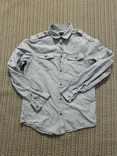 H M front pocket Mens Shirt Medium gray long sleeve all cotton rolled sleeve