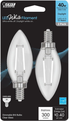 LED Filament B10 E12 Candelabra Bulb Daylight 40W Equivalent 2 Pack
