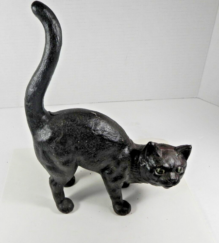 Vintage Black Cat Doorstop Cast Iron Hubley Style Arched Back Tail Up ...