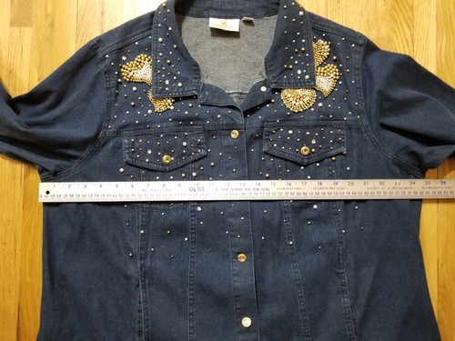 GORGEOUS Quacker Factory PLUS SIZE 1X Embellished Beaded Pearl Denim Jacket - Picture 9 of 13