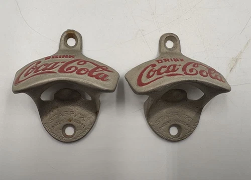 2- Vintage COCA-COLA STARR X Wall Mount Bottle Opener Brown Co N. News VA Patent