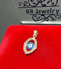 14K Yellow Gold Oval Shape Enamel Evil Eye Pendant With Cubic Zirconia
