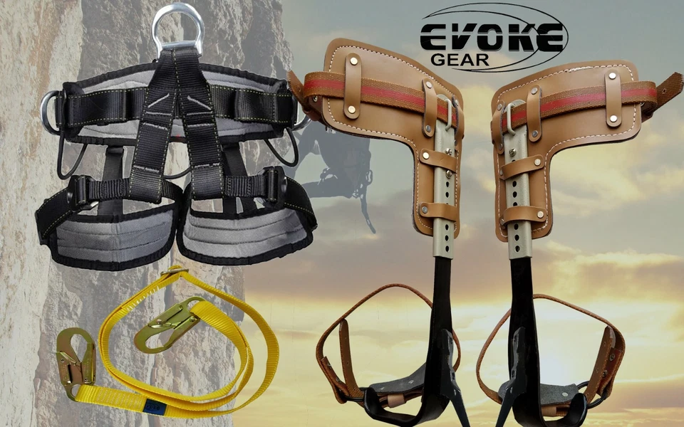 EVOKE GEAR Tree Climbing Spike Set Pole Spurs Climber Adjustable With Pro Harness + Lanyard