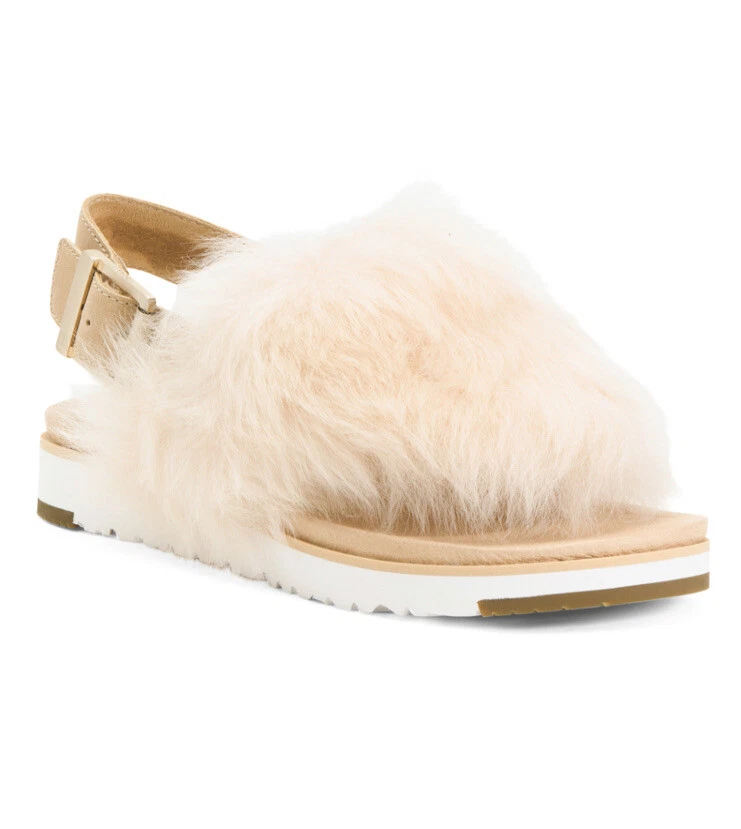 SANDALI CON PERIZOMA UGG HOLLY SOFFICE PELLICCIA OCRA MORBIDA TAGLIA US 6
