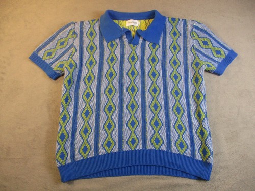Oxknitstore Knit Polo Sweater Shirt Men Large Blue Yellow Retro Preppy Tennis - Picture 5 of 13