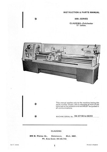 Clausing Colchester 17" 8000 Ser Lathe sn:07190-08393 Instruct-Part Manual #1874 - Picture 3 of 12