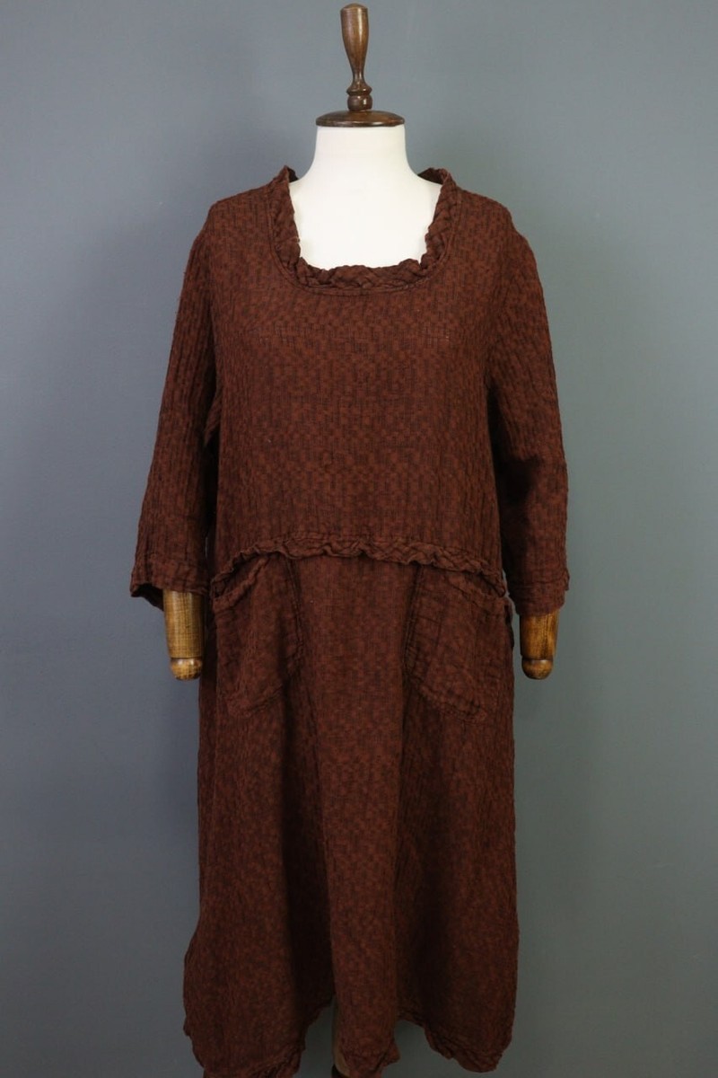 GRIZAS WASHED Brown Linen A-Line Pockets Long Sleeve Long Dress