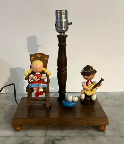 1961 Nursery Originals Wooden Children’s Musical Lamp - Knitting Girl Guitar Boy