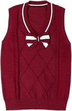 Girls Sweater Vest Bowknot V Neck Argyle Knitted Waistcoat Pullover Top Uniform