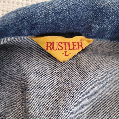 Rustler Blue Jean Denim Trucker Jacket-Mens Size Lg-Medium Wash w/Patch-VINTAGE - Picture 6 of 14