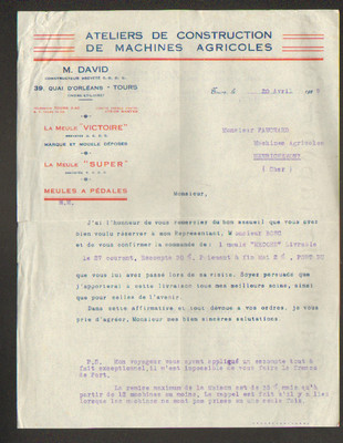 TOURS (37) BAUWERKSTATT für LANDMASCHINEN ''M. DAVID'' 1929