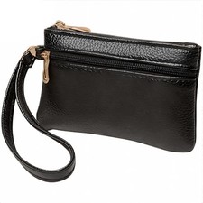 Slim Wristlet Keychain Wallet with Zipper PU Leather Double Layer Coin 1 Black