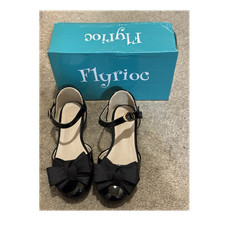 Flyrioc Girls Black Bow Ankle Strap Flats Buckle Closure US Size 12