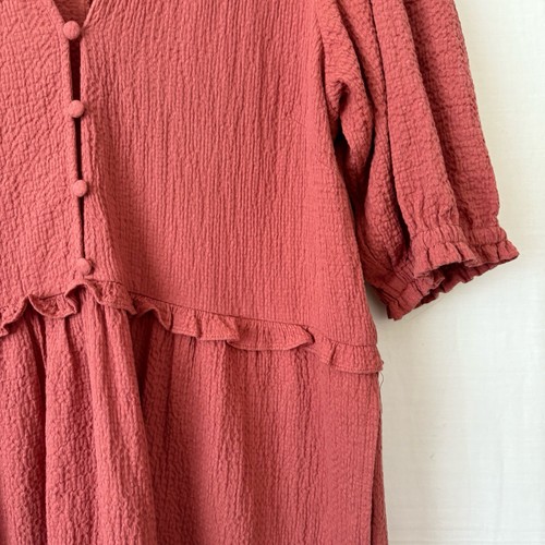 Decjuba Dress Size 10 Brown Rust Textured Cotton Button Tiered Puff Sleeve - Picture 5 of 11