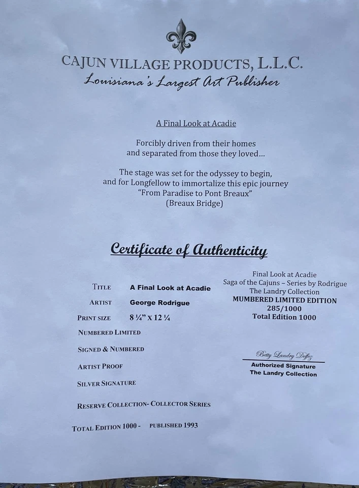 GEORGE RODRIGUE SAGA DE LOS CAJUNES MIRADA FINAL A ACADIE # LTD. con certificado de autenticidad Foto 4 de 4