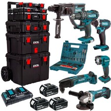 Makita 18V 6 Piece Tool Kit 3 x 5.0Ah Battery & 100Pcs Bit Set & Trolley Toolbox