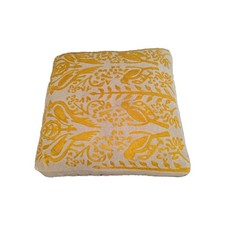 Vintage Style Indian Handmade Footstool Ottoman  Embroidery Wood Base Yellow 