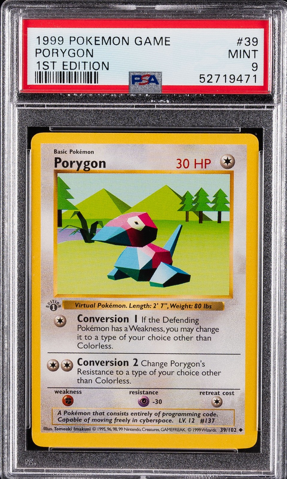 1999 POKEMON BASE SET 1ST EDITION #39 PORYGON PSA 9