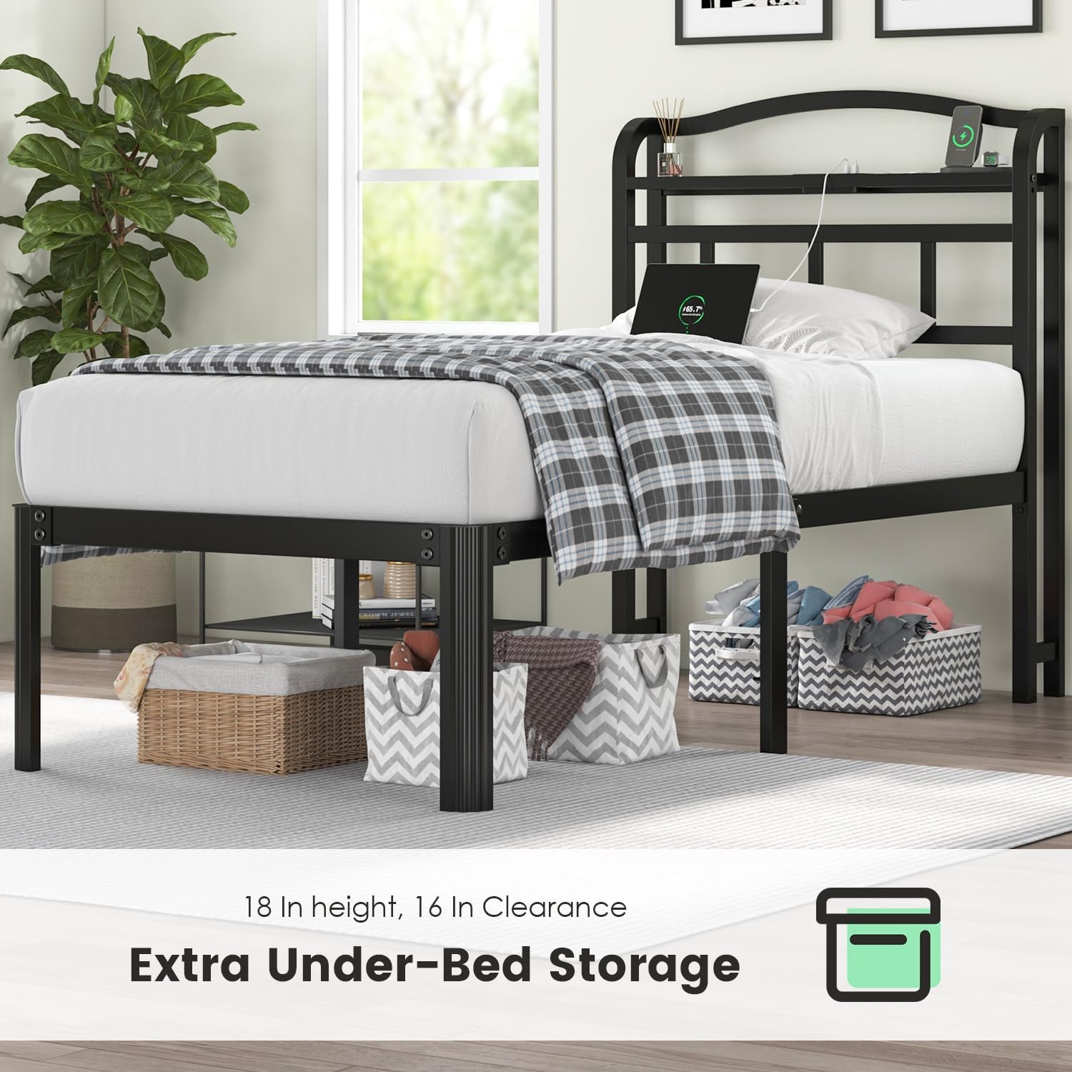 Twin Size Bed Frame - Storage Headboard with Charging Station, Easy Assembly,...
