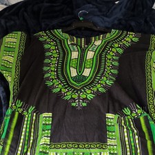Unisex Dashiki African Print Tunic Top Black/Green One Size Cotton Woven