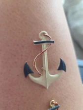 Vintage Nautical Anchor Brooch Pin Enamel Gold Tone Maritime 2.5"