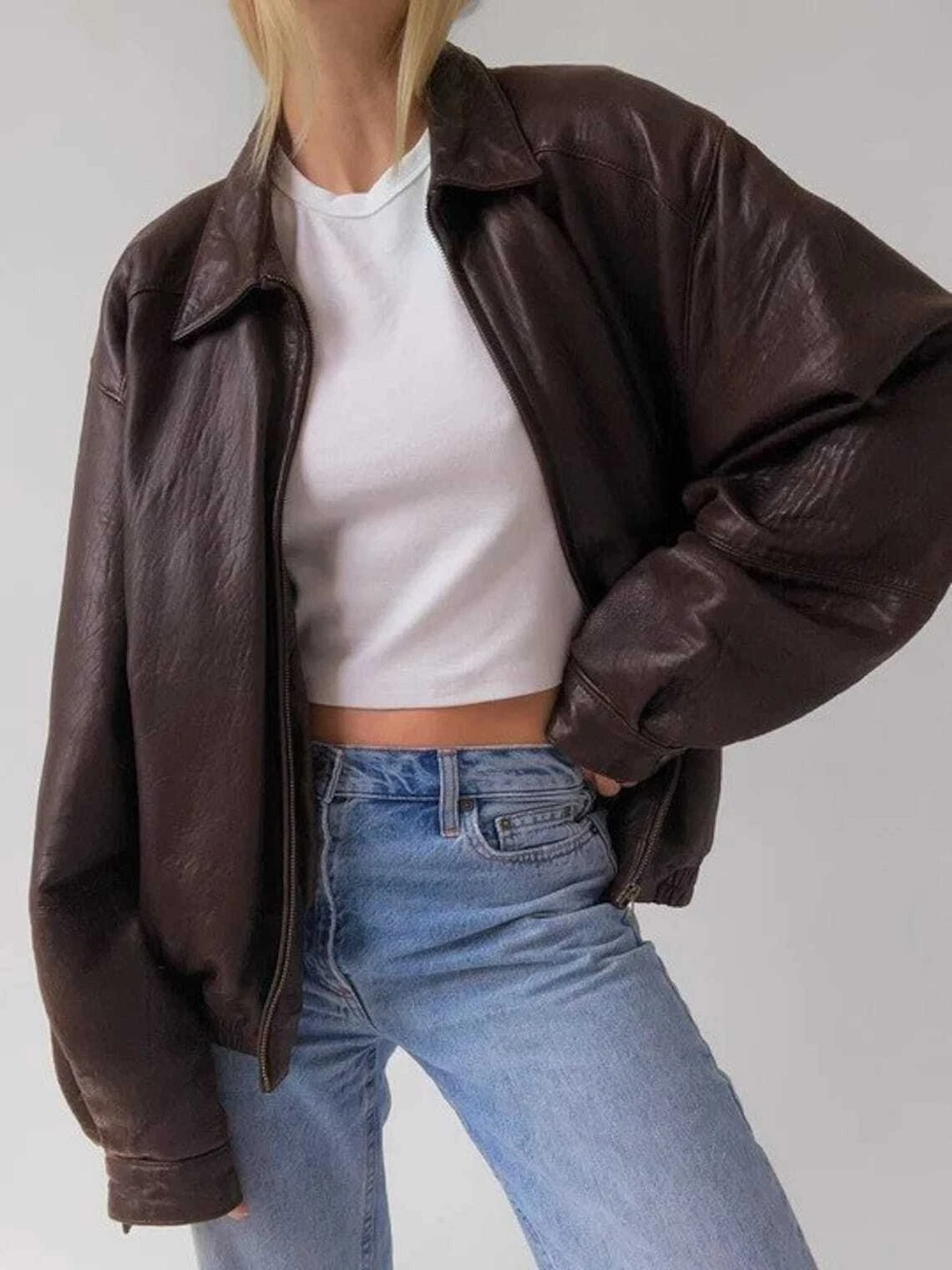 REALWomen’s Fashion 90s Leather Jacket Oversized Brown Bomber Jacket 90’s Retro