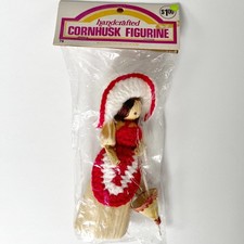 1970s Vintage Handmade Corn Husk Doll Figurine with Parasol - New Old Stock