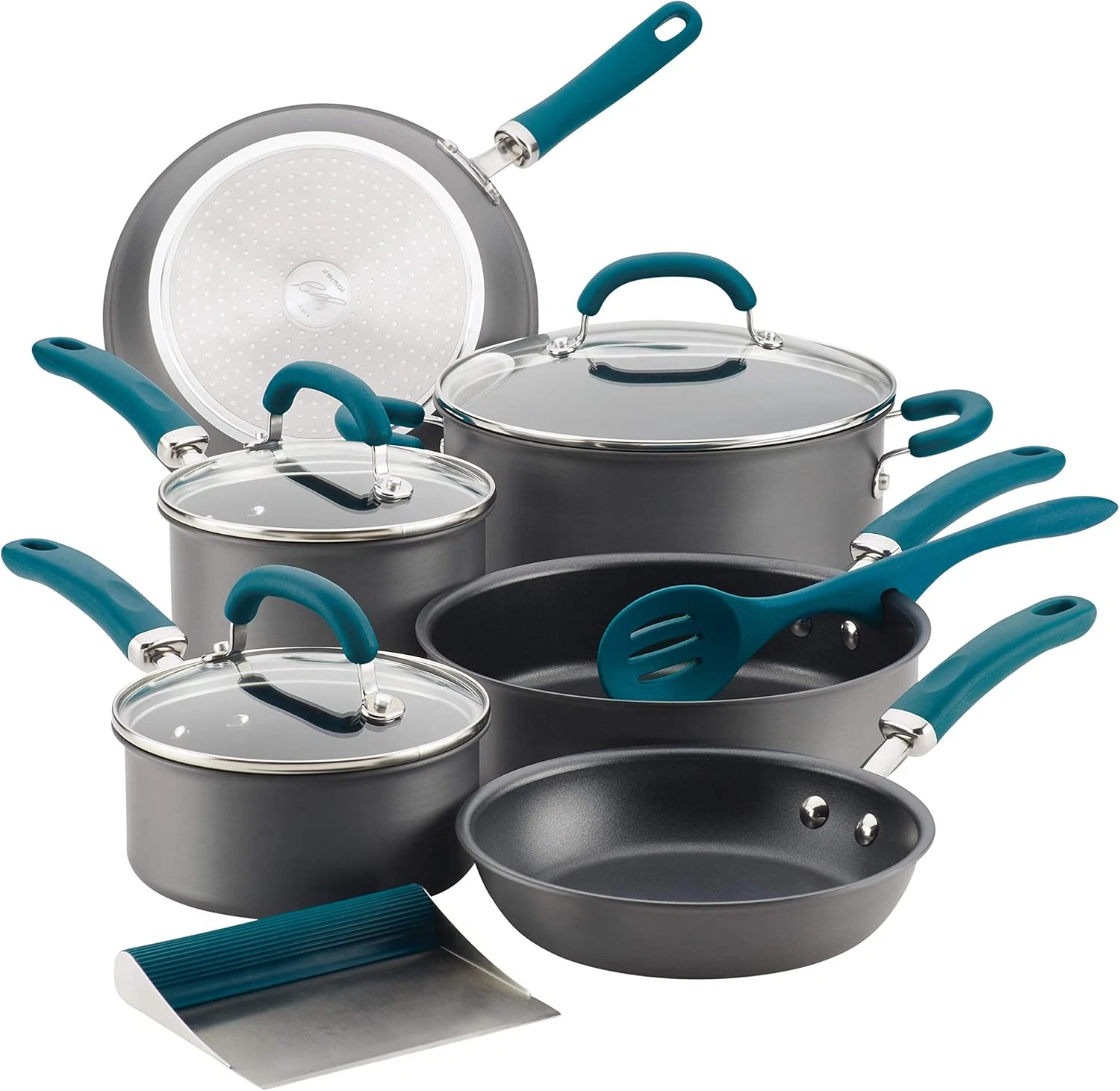 11-Piece Hard Anodized Nonstick Cookware Set, Gray & Teal Handles