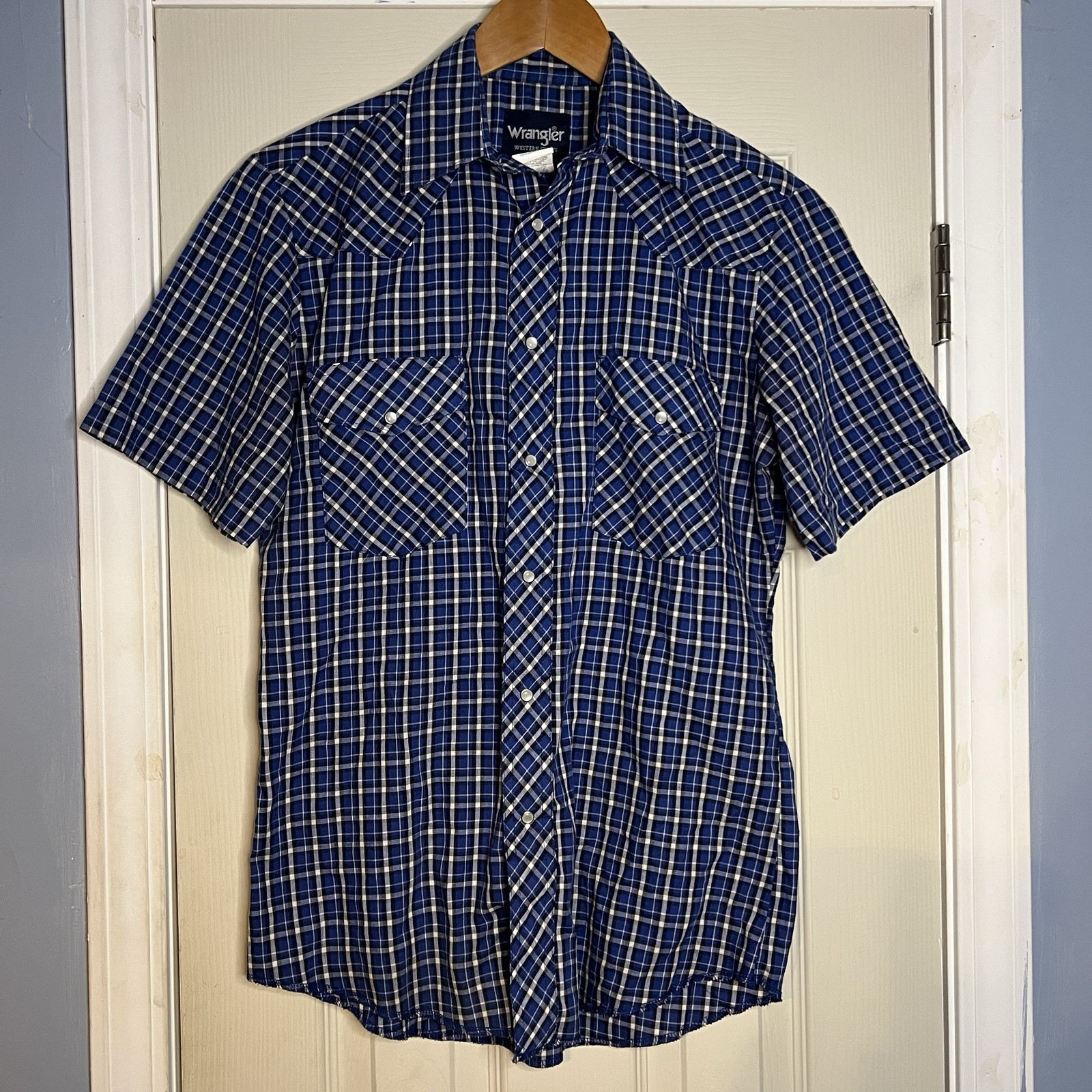 Wrangler Retro Pearl Snap Shirt Mens Small Blue Plaid Western Short Sleeve