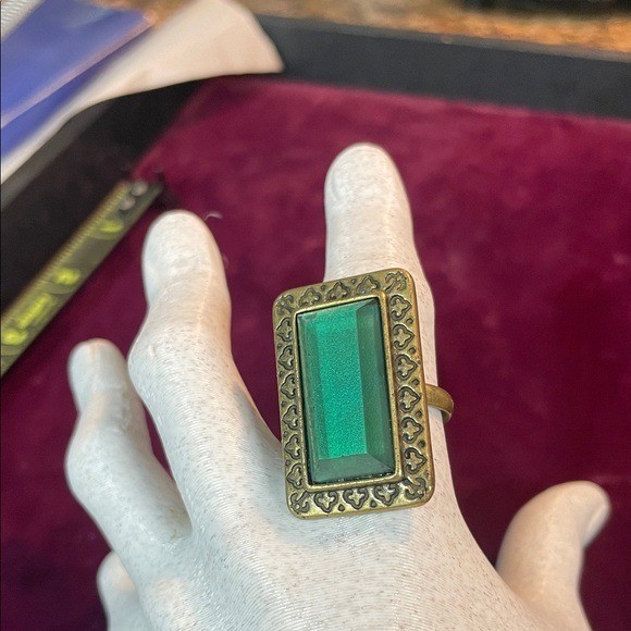 Statement Ring Green Rectangular Stone Gold Tone … - image 1