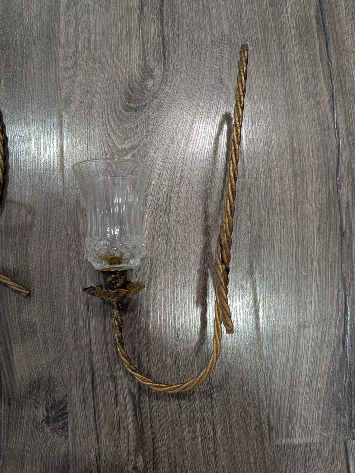 Vintage Pair Home Interior Gold Metal Twisted Rope Candle Holders Wall Sconces - Image 3 of 4
