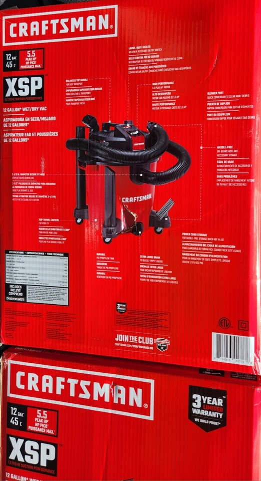 CRAFTSMAN WET DRY VAC 12 Gallon Vacuum Cleaner 5.5 Peak HP Portable Shop Blower - Image 3 of 4