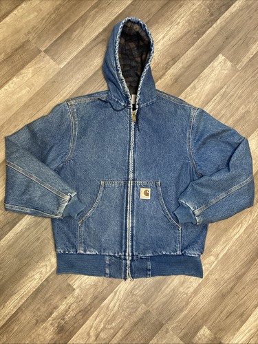 Rare Vintage 90s Carhartt Hooded Denim Plaid Blanket Lined JB1198 Jacket Medium - Bild 1 von 11